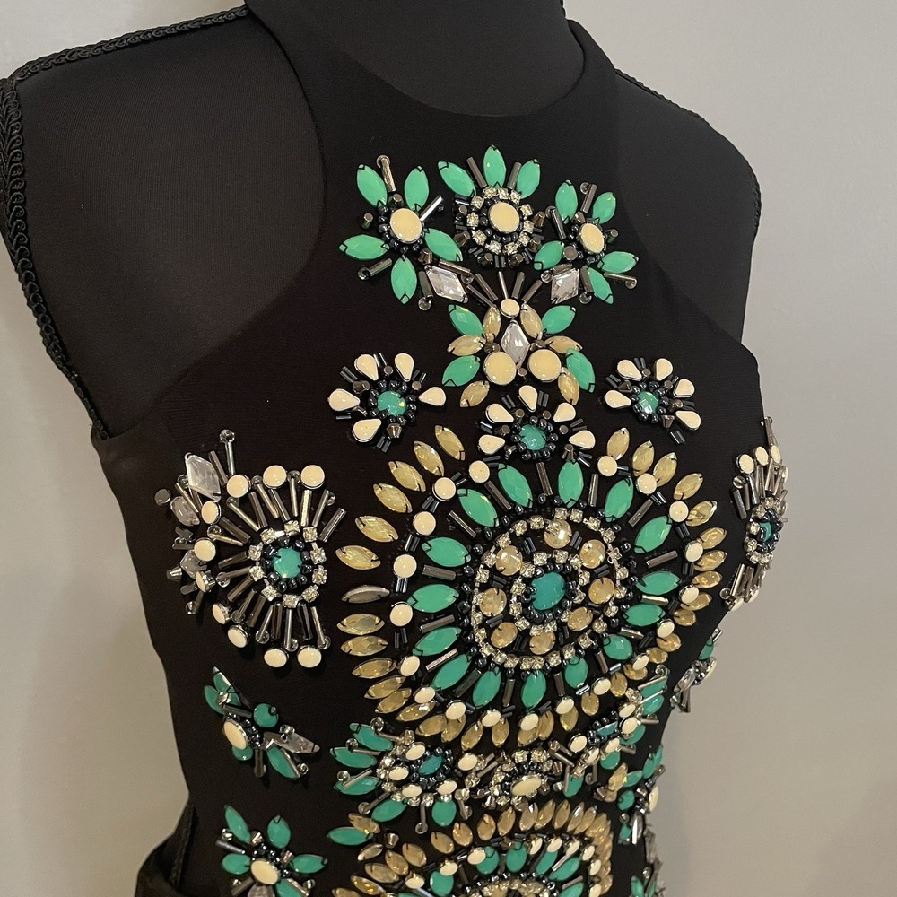 Rachel Allan Black Beaded Halter Prom Dress - Size 8 Form Fitting High Slit
